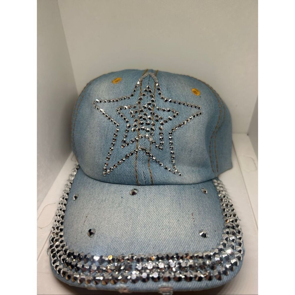 NEW Light Denim Rhinestone Star Bling Baseball Cap Adjustable Hat - Picture 2 of 4